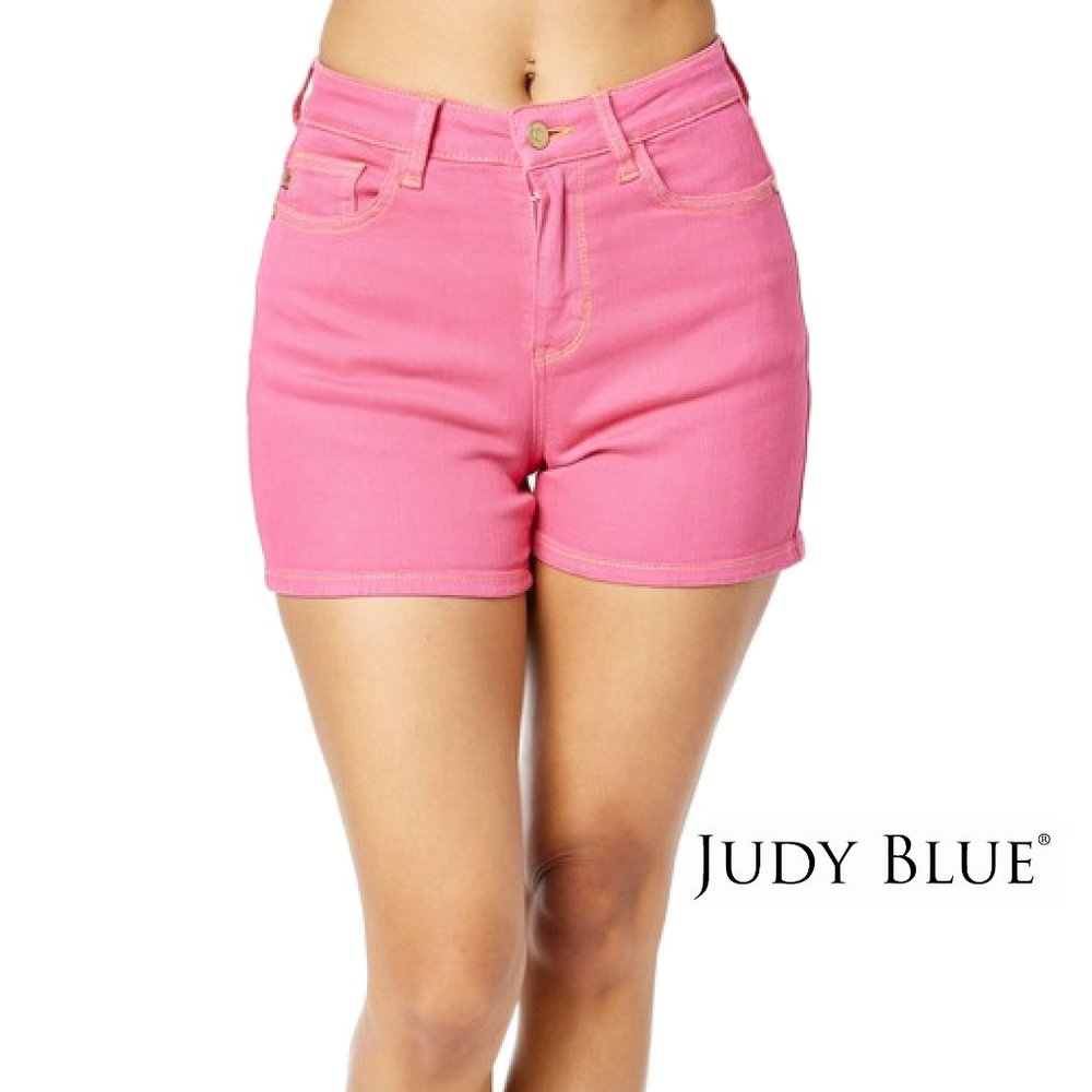 New Judy Blue Garment Dyed Pocket Embroidered Shorts in Magenta